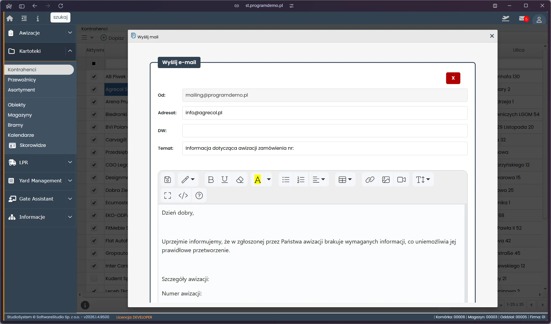 Studio VSS.net - okno dialogowe wysyłki e-mail do kontrahenta z kartoteki systemu