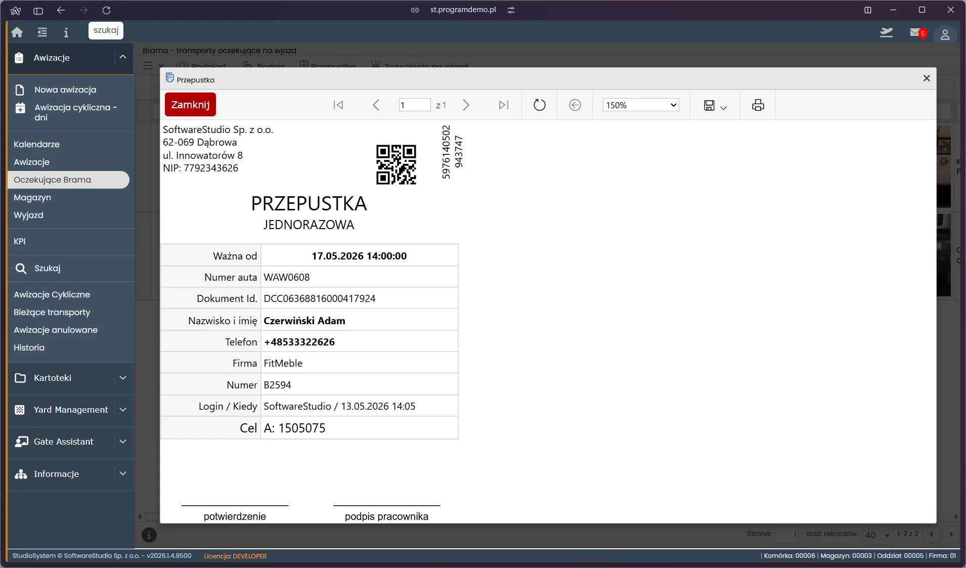 Przepustka jednorazowa kierowcy FitMeble z kodem QR i danymi wjazdu Load Plan B2594 - VSS.net