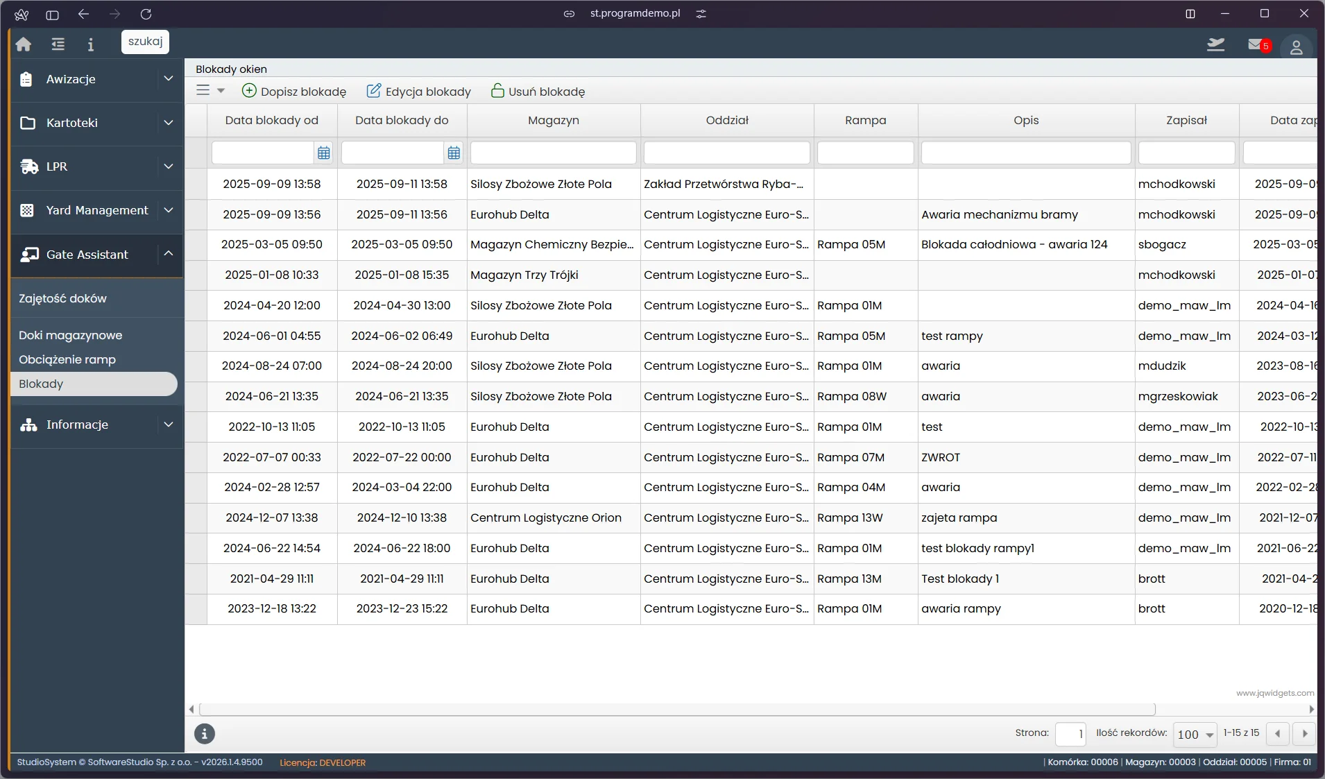 Lista blokad w Gate Assistant z typem, powodem i przedziałem dat - Studio VSS.net