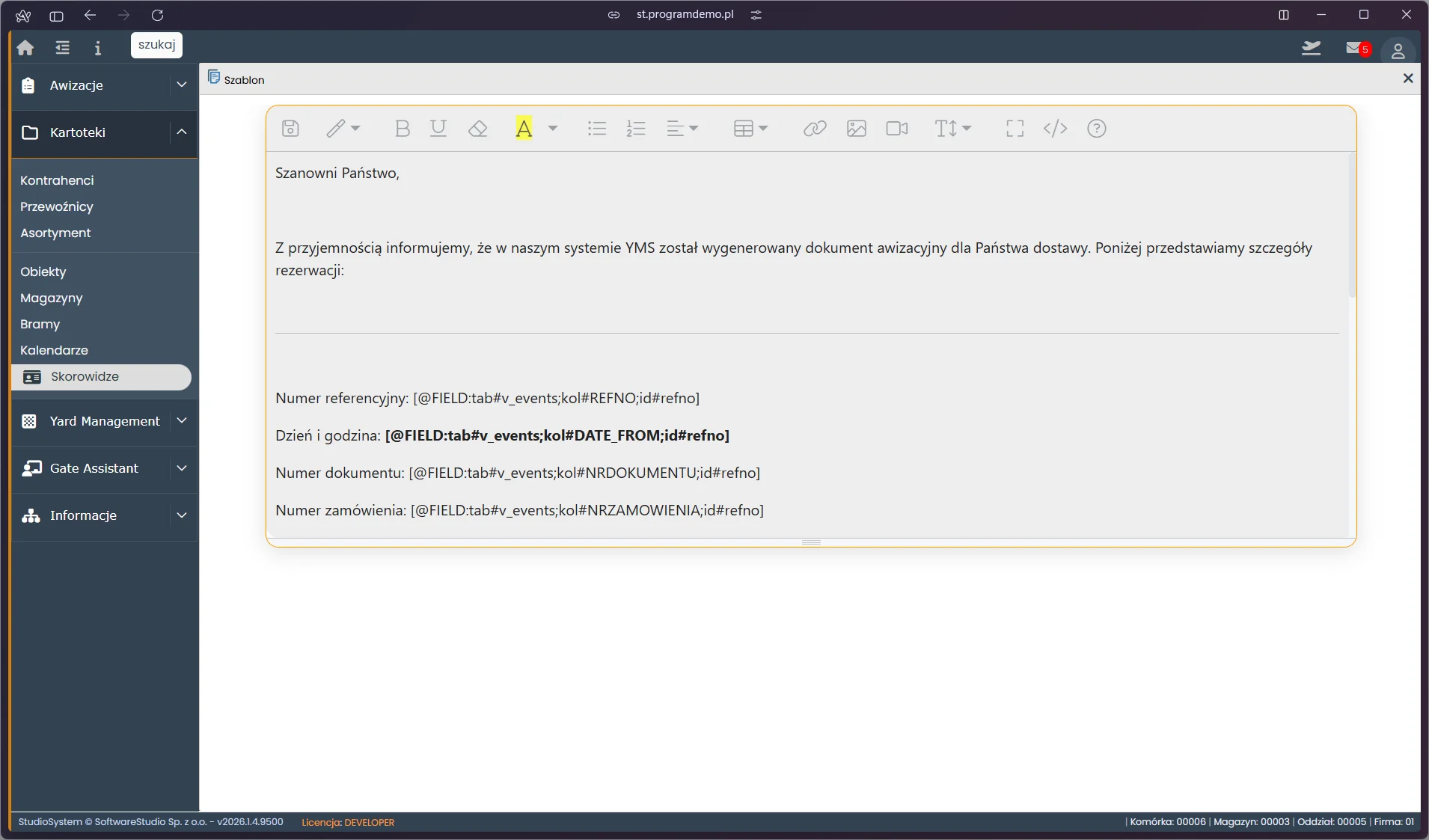 Studio VSS.net - edytor szablonu e-mail powiadomienia awizacyjnego YMS