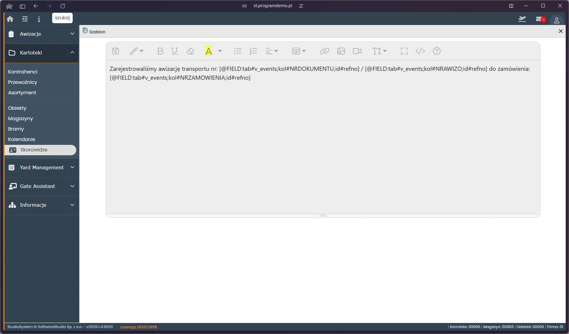 Studio VSS.net - edytor szablonu SMS powiadomienia awizacyjnego