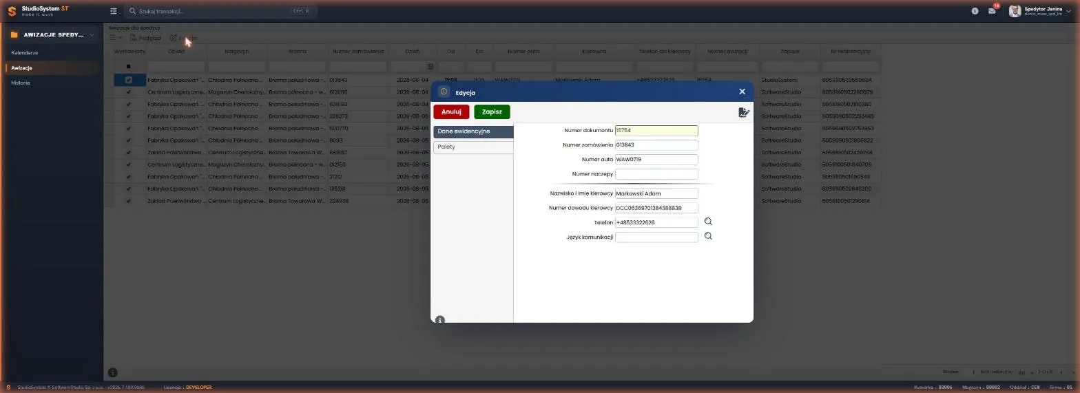 Formularz edycji awizacji z polami numeru zamówienia, numeru auta, danych kierowcy i języka komunikacji - Studio VSS.net