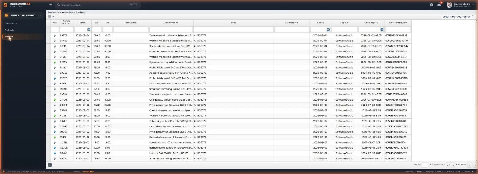 Historia zakończonych awizacji z kolorowymi ikonami statusów, numerami Load Plan i datami zapisu - Studio VSS.net