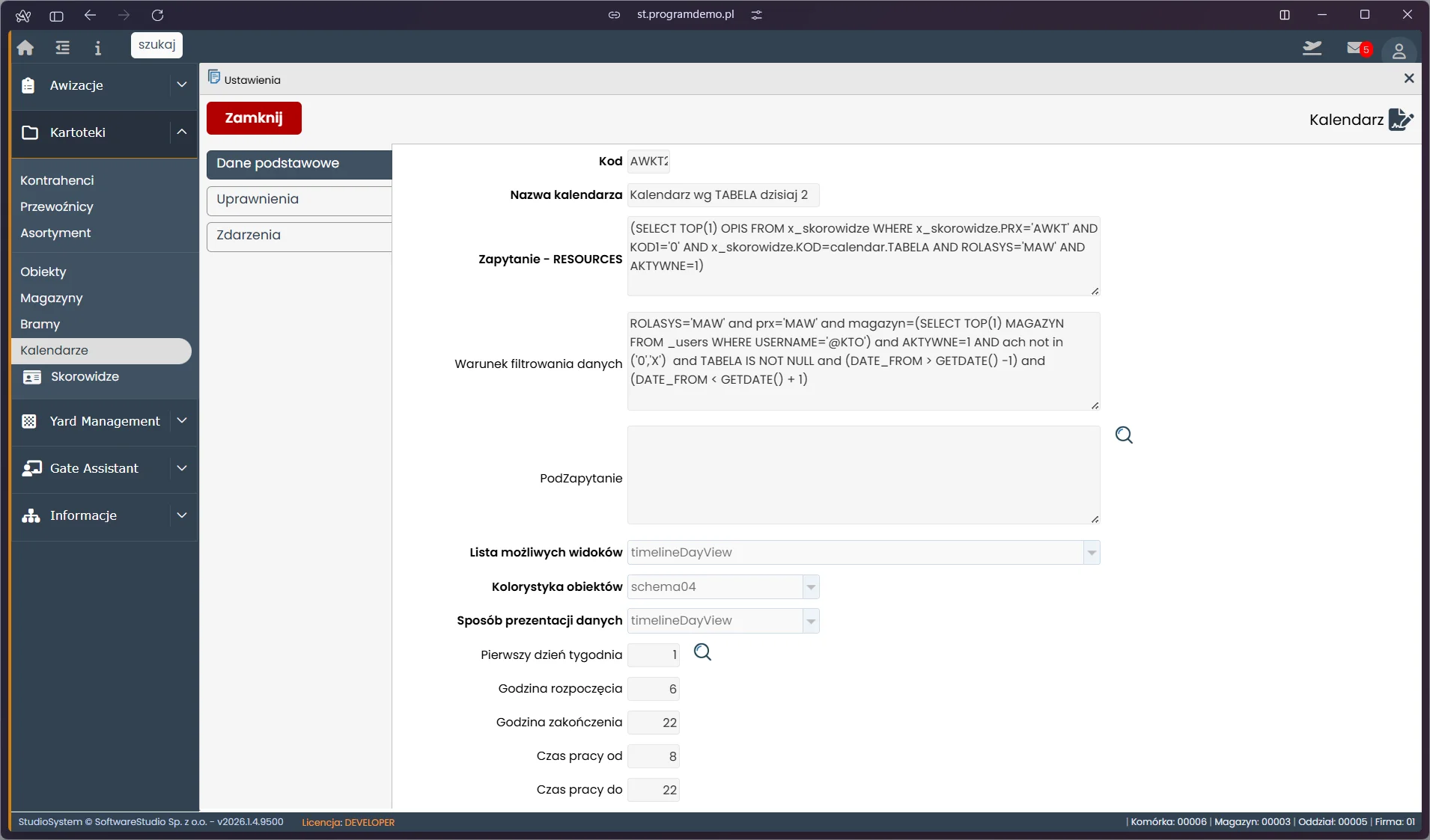 Studio VSS.net - Ustawienia kalendarza - zakładka Dane podstawowe z zapytaniem SQL