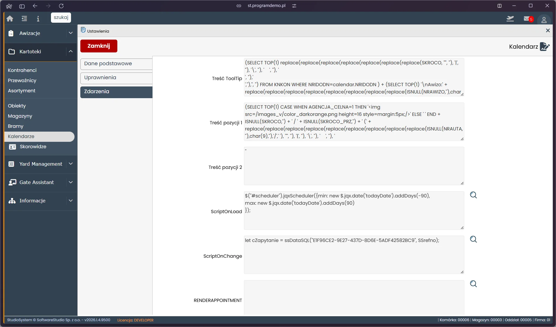 Studio VSS.net - Ustawienia kalendarza - zakładka Zdarzenia z SQL i JavaScript