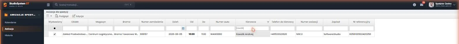 Filtr po nazwisku kierowcy z jednym dopasowanym wynikiem - Studio VSS.net