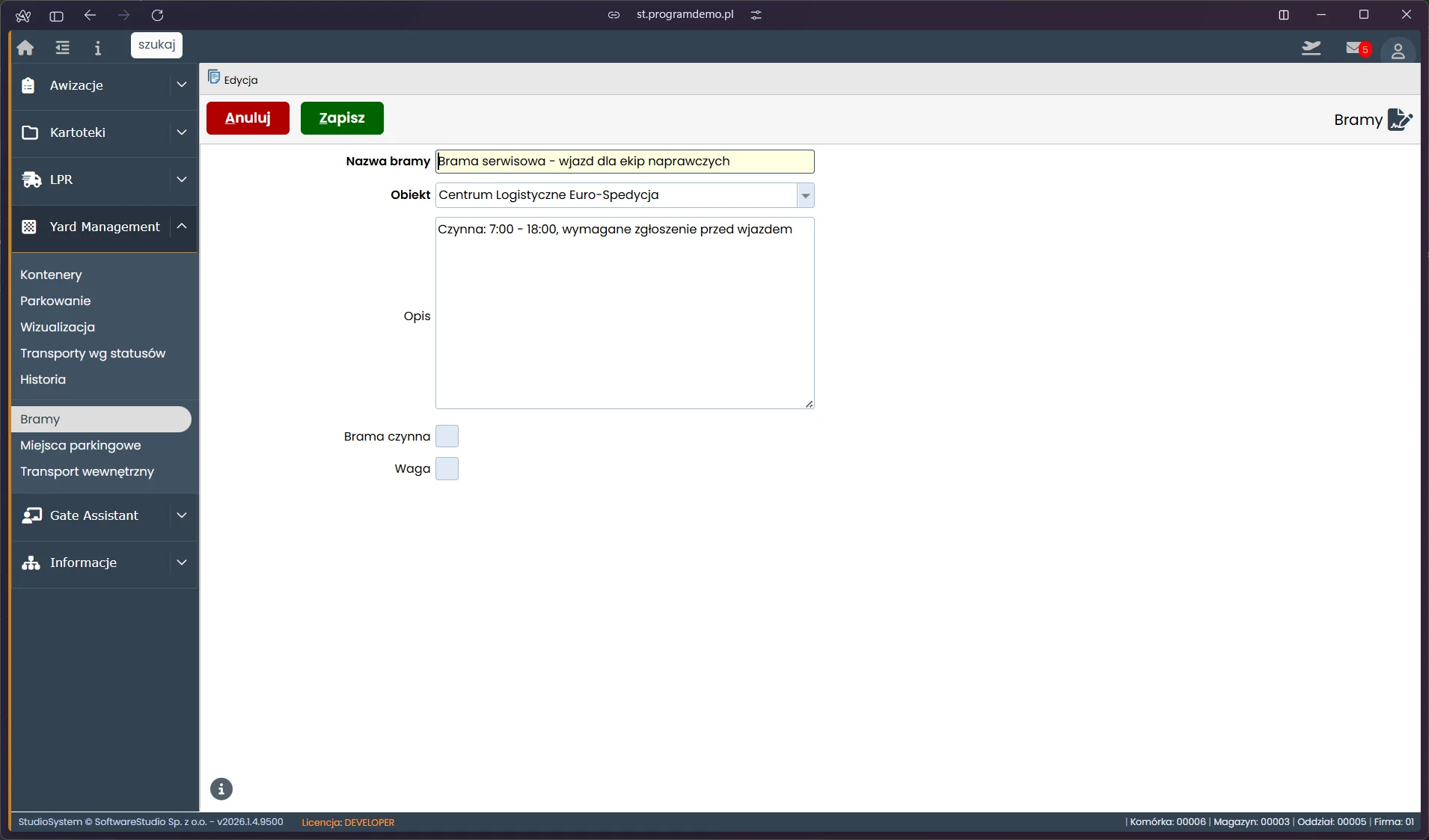 Studio VSS.net - Yard Management - formularz edycji bramy wjazdowej