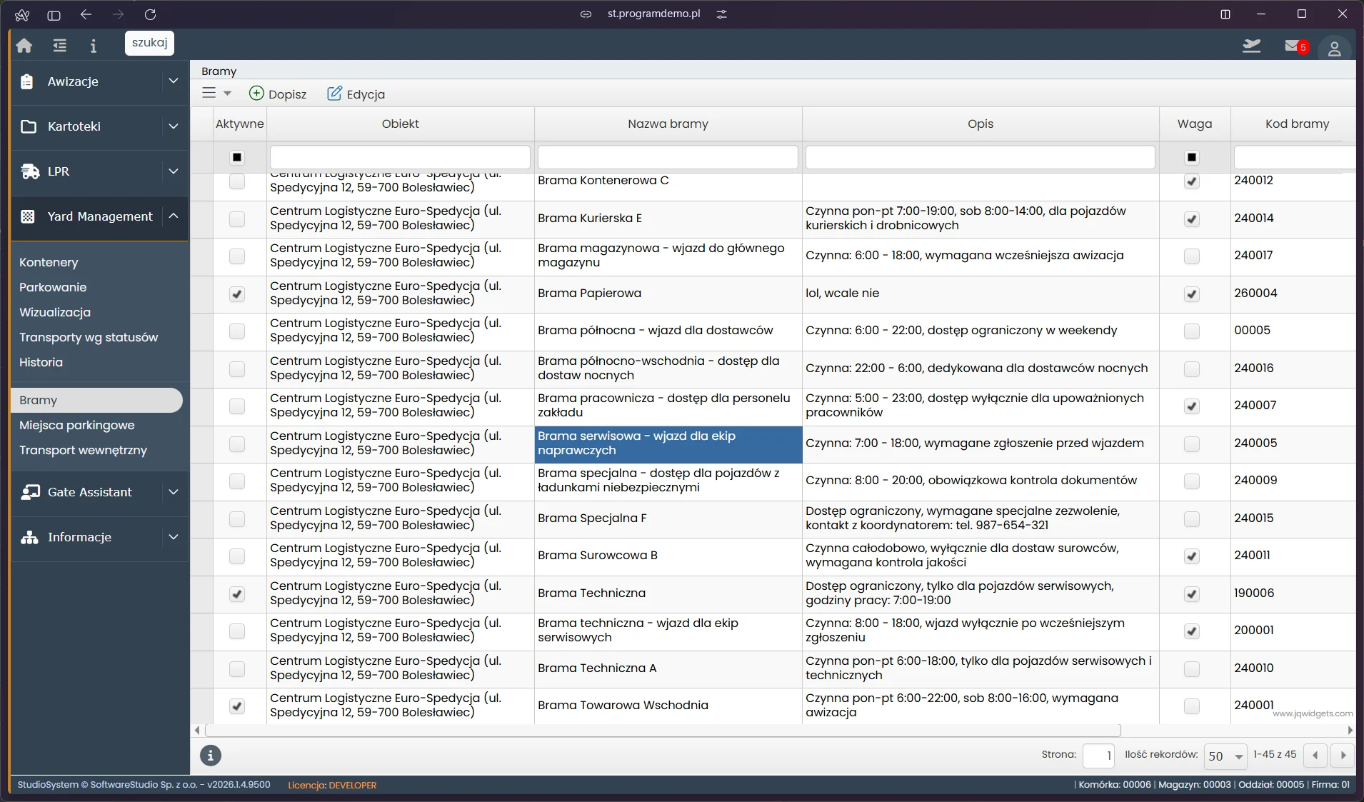 Studio VSS.net - Yard Management - lista bram wjazdowych i wyjazdowych obiektu
