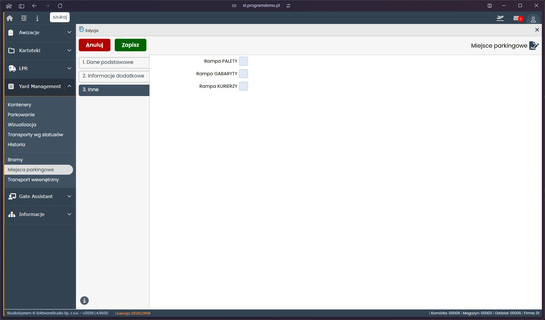 Studio VSS.net - Yard Management - edycja miejsca parkingowego - typ rampy