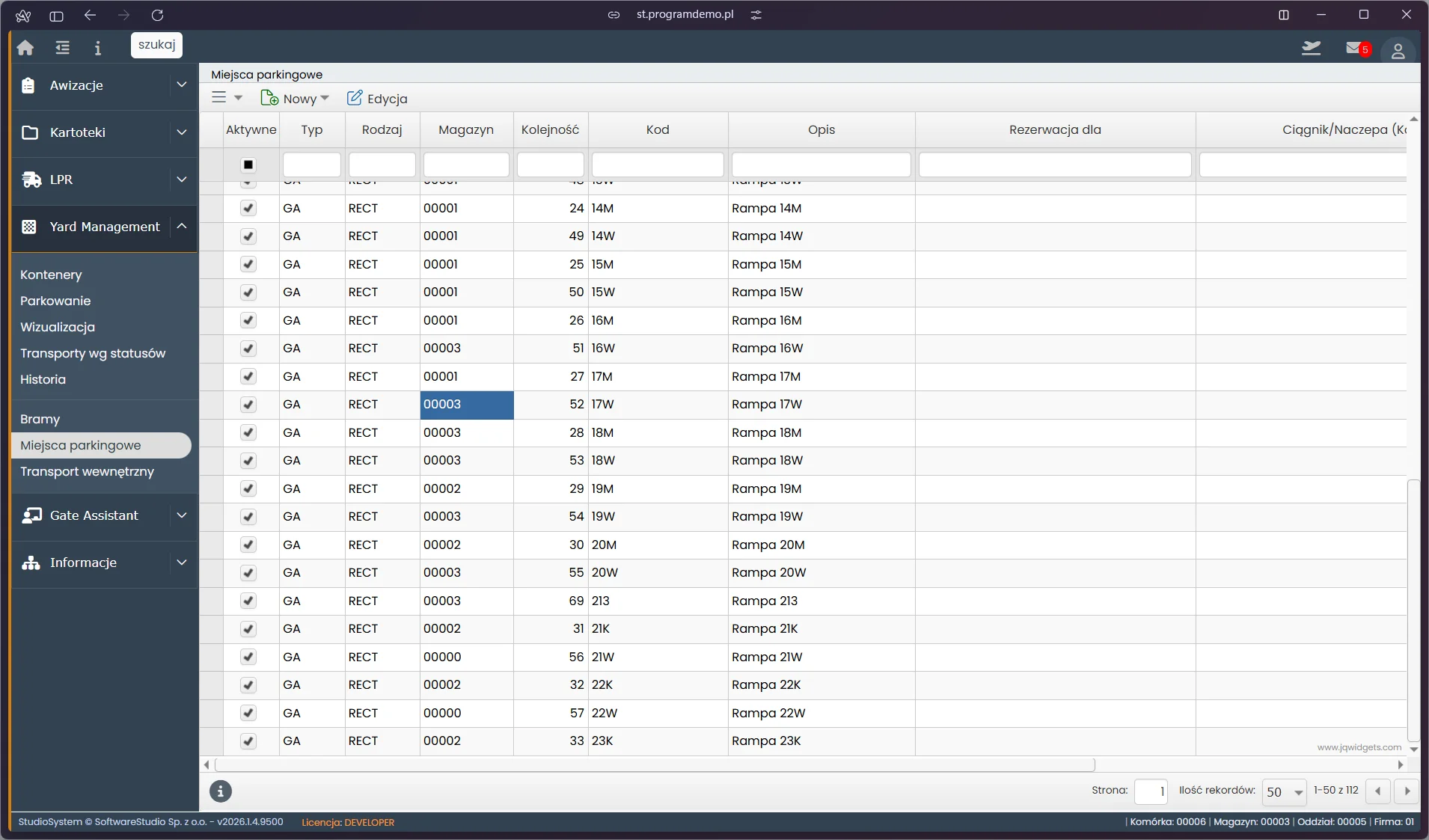 Studio VSS.net - Yard Management - lista miejsc parkingowych placu manewrowego