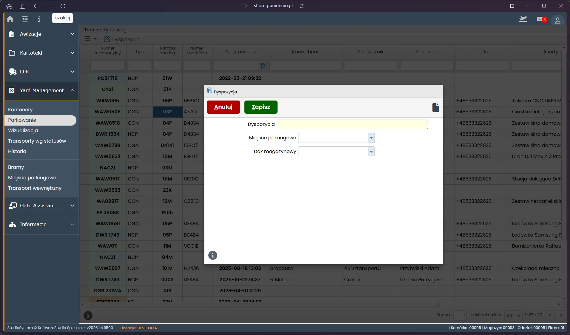 Studio VSS.net - Yard Management - formularz dyspozycji miejsca parkingowego