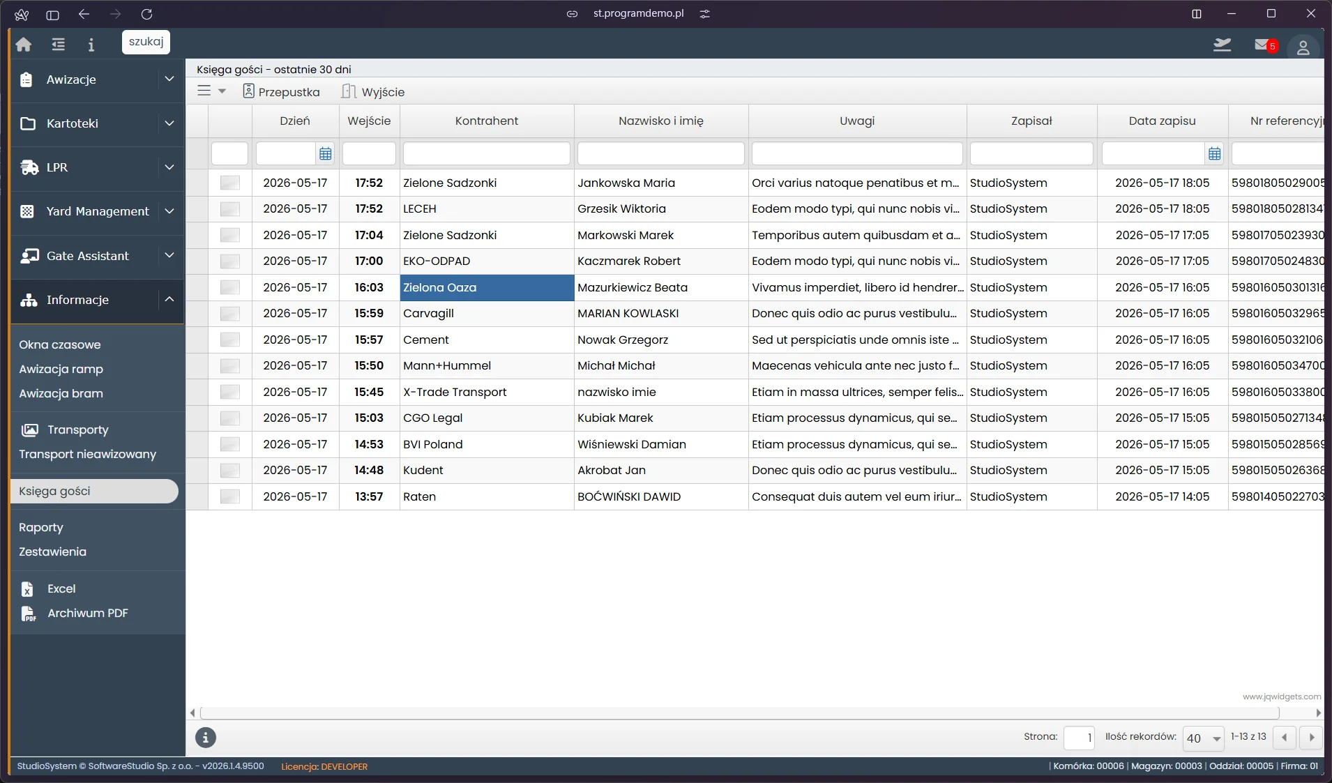 Ksiega gości w module Informacje YMS z listą odwiedzających, godziną wejścia i wyjścia - VSS.net