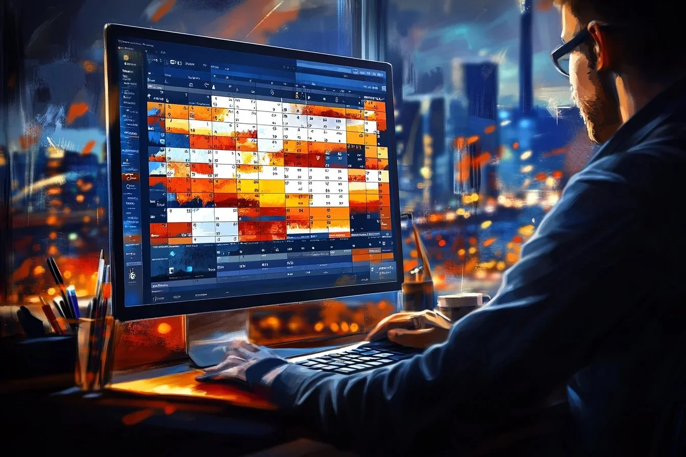 Mężczyzna pracujący przy komputerze z widocznym harmonogramem dostaw w systemie Studio VSS.net na tle nocnej panoramy miasta.