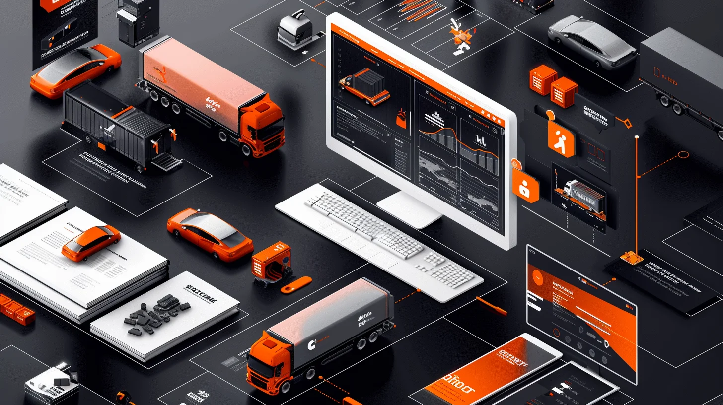 Izometryczna wizualizacja systemu YMS Studio VSS.net od SoftwareStudio, przedstawiająca zarządzanie flotą transportową, awizacjami i ruchem pojazdów na ekranie monitora.