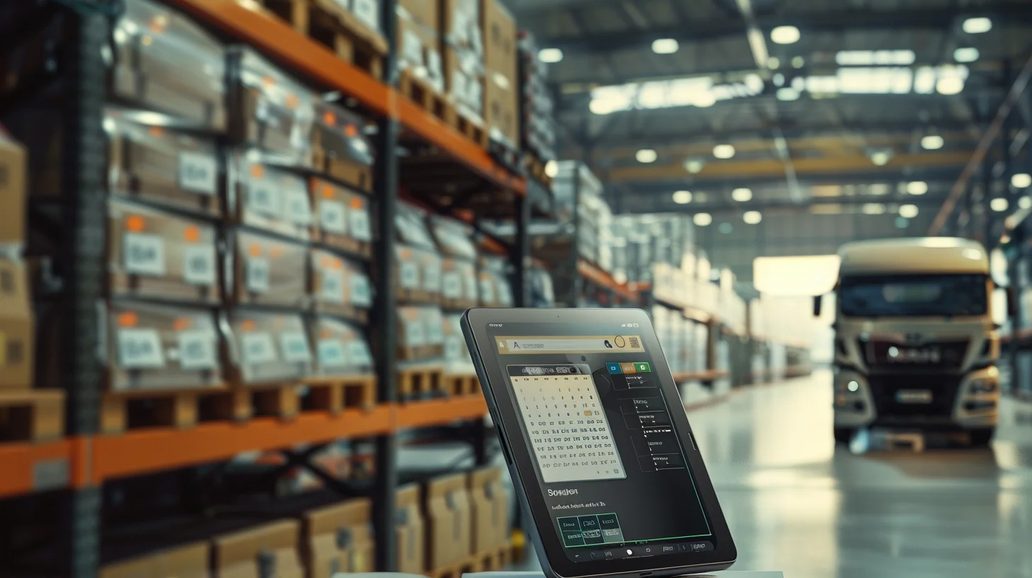 Tablet z uruchomioną aplikacją do zarządzania logistyką na tle regałów wysokiego składowania i ciężarówki w nowoczesnym magazynie.