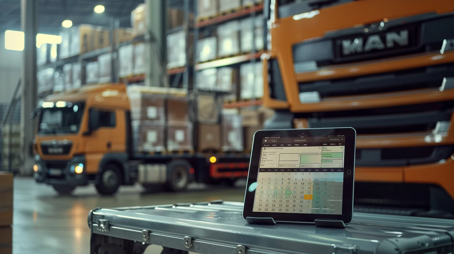 Tablet wyświetlający interfejs systemu Studio VSS.net do zarządzania awizacjami transportów na tle pomarańczowych ciężarówek MAN w hali magazynowej.