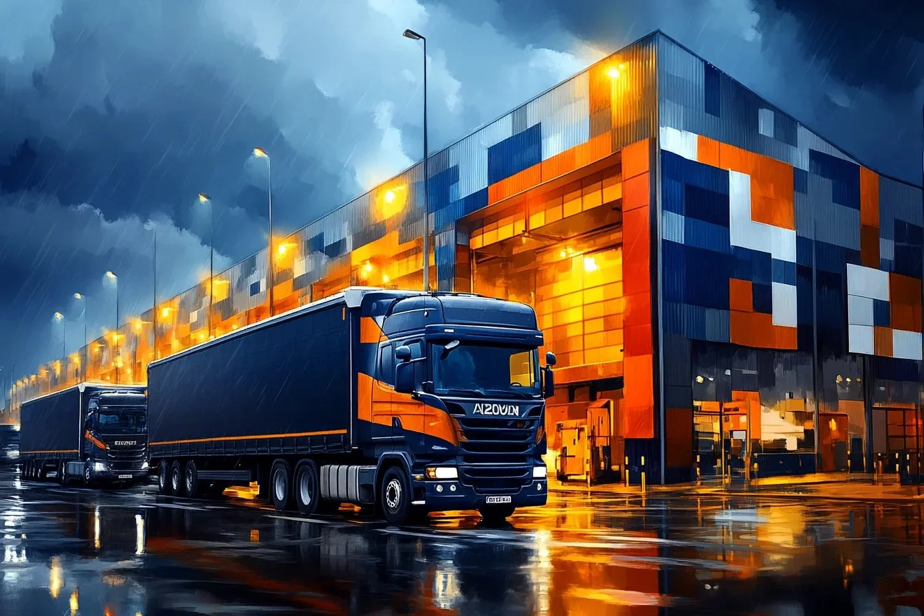 Ciężarówki zaparkowane przed nowoczesnym centrum logistycznym w deszczu, ilustrujące zarządzanie ruchem i awizacje transportu.