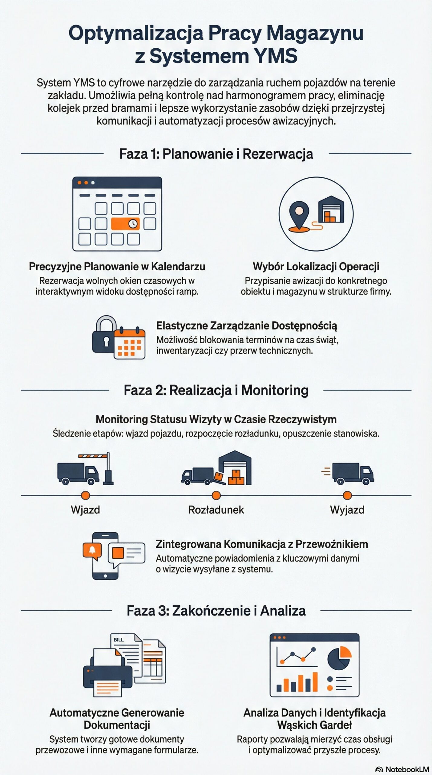 Jak przekonać dostawców do awizacji? 1 Infografika przedstawiająca trzy fazy optymalizacji pracy magazynu z systemem YMS (Studio VSS.net): planowanie, realizację oraz analizę danych.