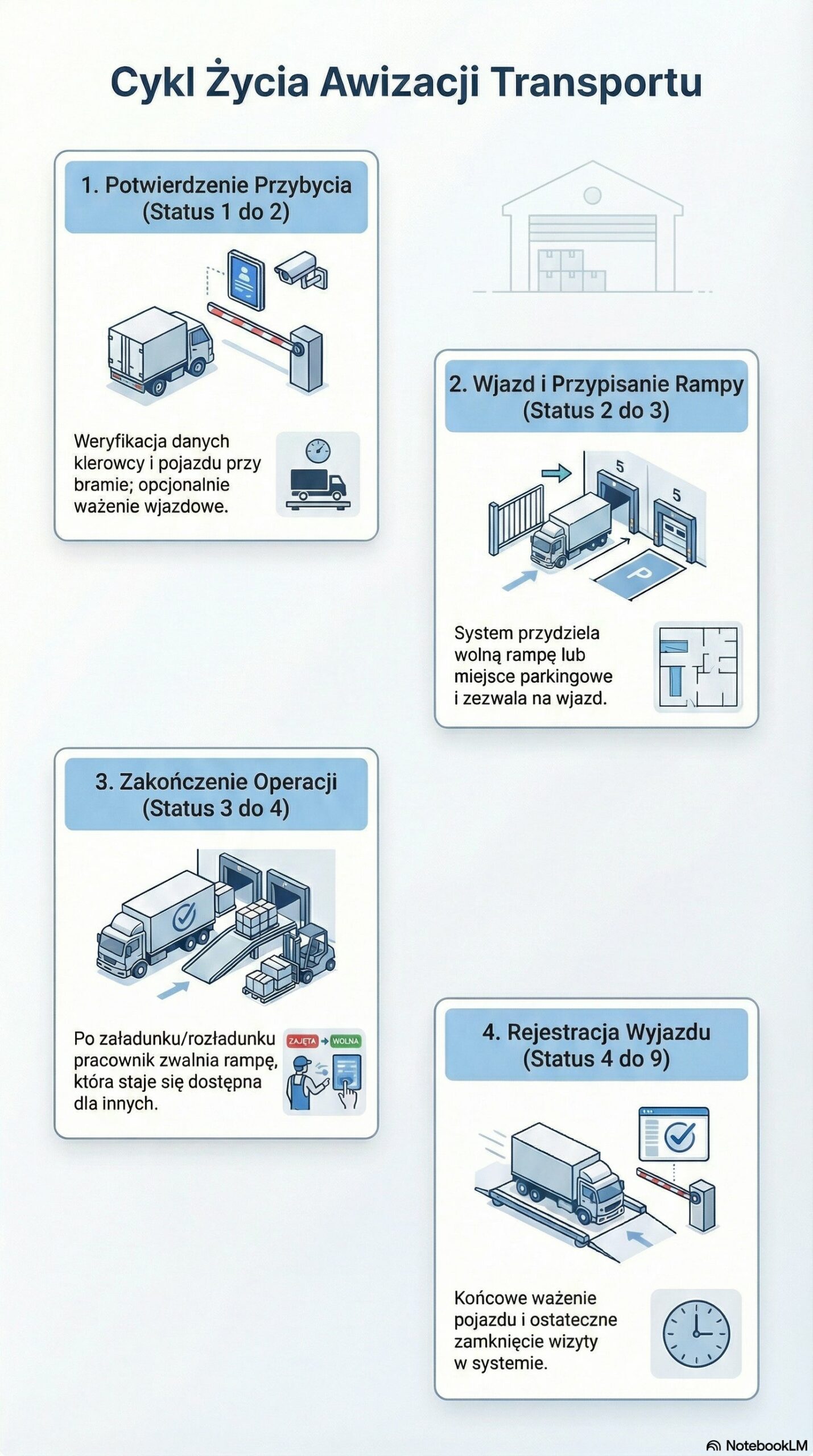 Okna czasowe w magazynie – rezerwacja dostaw i transportów 1 Infografika przedstawiająca cztery kluczowe etapy cyklu życia awizacji transportu w systemie YMS Studio VSS.net od SoftwareStudio.
