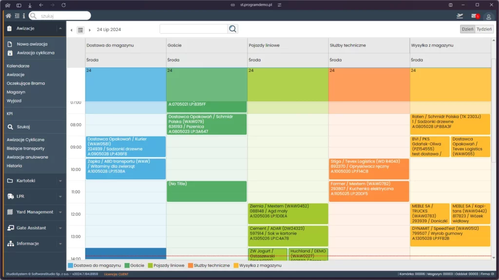Cyfrowe zarządzanie oknami czasowymi i harmonogramem dostaw w systemie Studio VSS.net. Zrzut ekranu systemu Studio VSS.net przedstawiający harmonogram awizacji dostaw i wizyt w formie kolorowego kalendarza logistycznego.