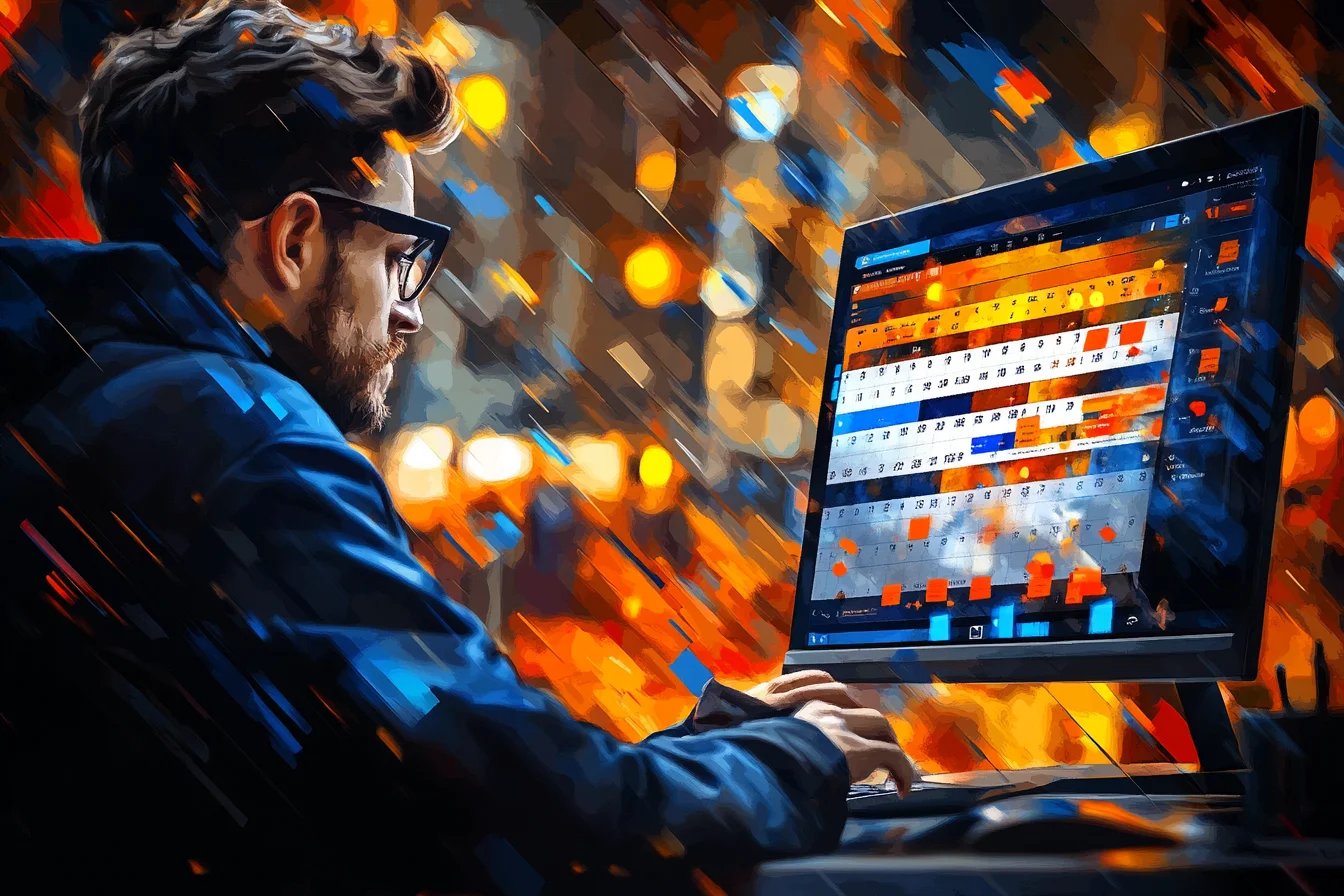 Mężczyzna w okularach obsługuje system do awizacji dostaw Studio VSS.net na monitorze komputera w dynamicznej, artystycznej oprawie graficznej.