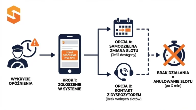 Infografika procesu zgłaszania opóźnienia i zmiany slotu awizacji w aplikacji VSS.net dla kierowców i logistyki.